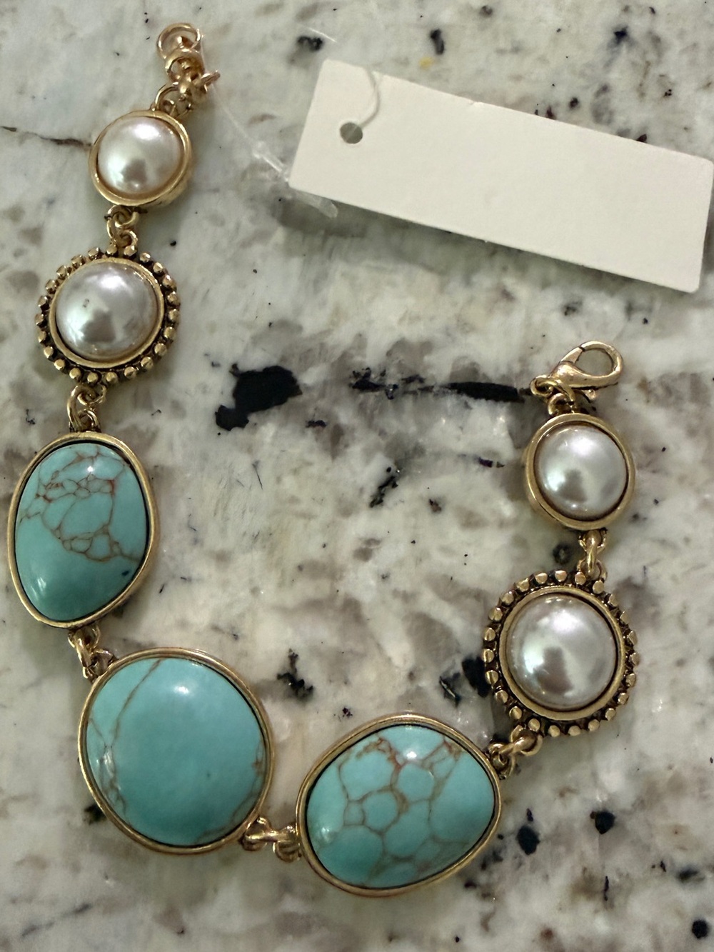 Gold-Tone Turquoise and Pearl Link Bracelet - Women Jewelry